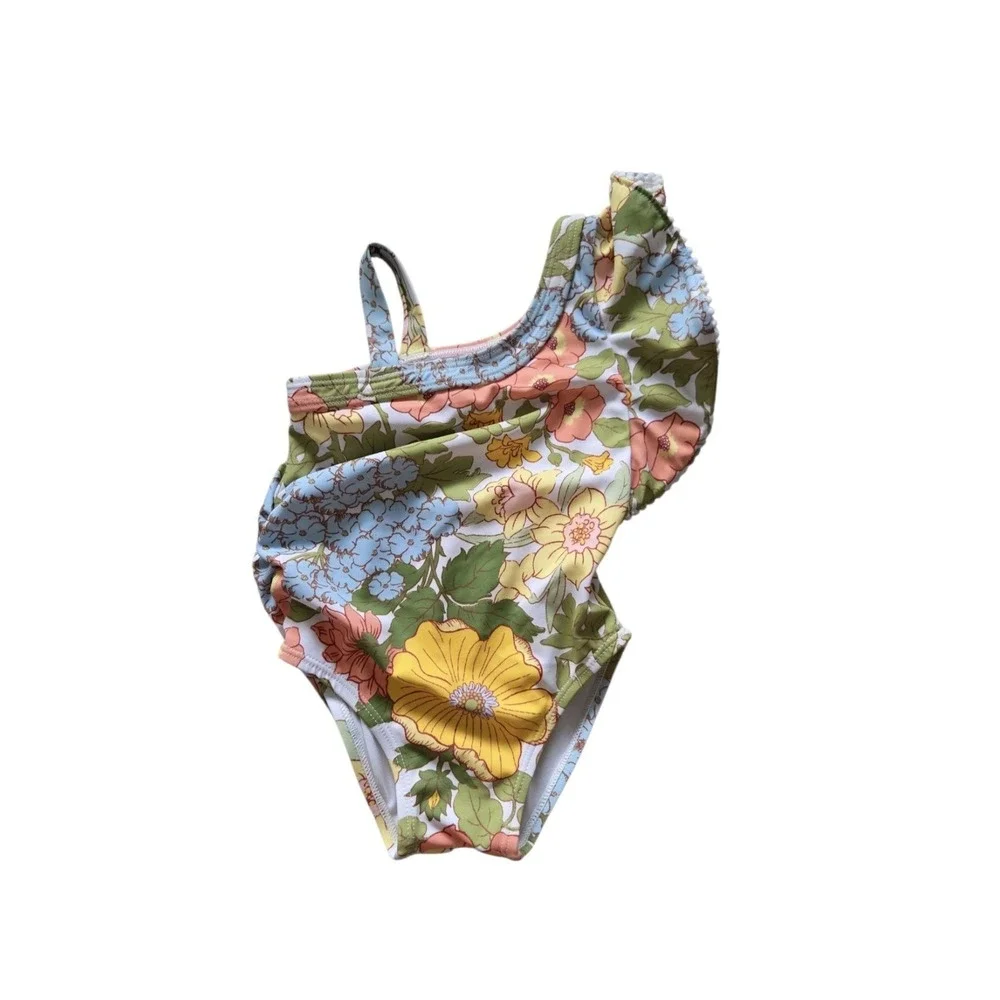 Janie and Jack Floral One-piece Swimsuit Girls 12-18m Ruffled Sleeve Pool UPF 50